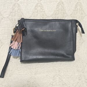 Black Leather Women's Wristlet Bag with Tassel Accents